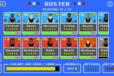 A screenshot of the Retro Bowl game shows the roster of players.
